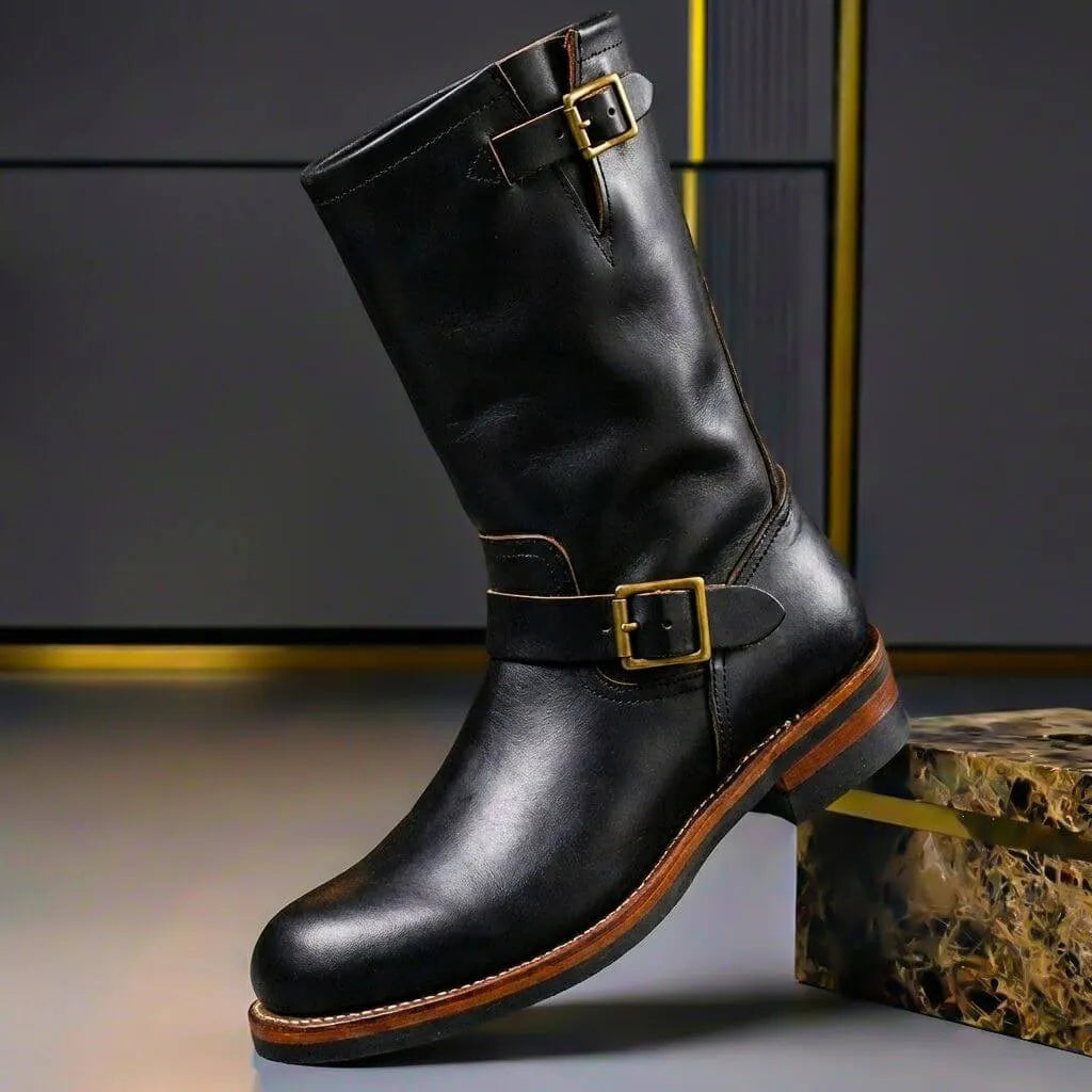 Men's Genuine Leather Mid-Calf Buckle Engineer Boots