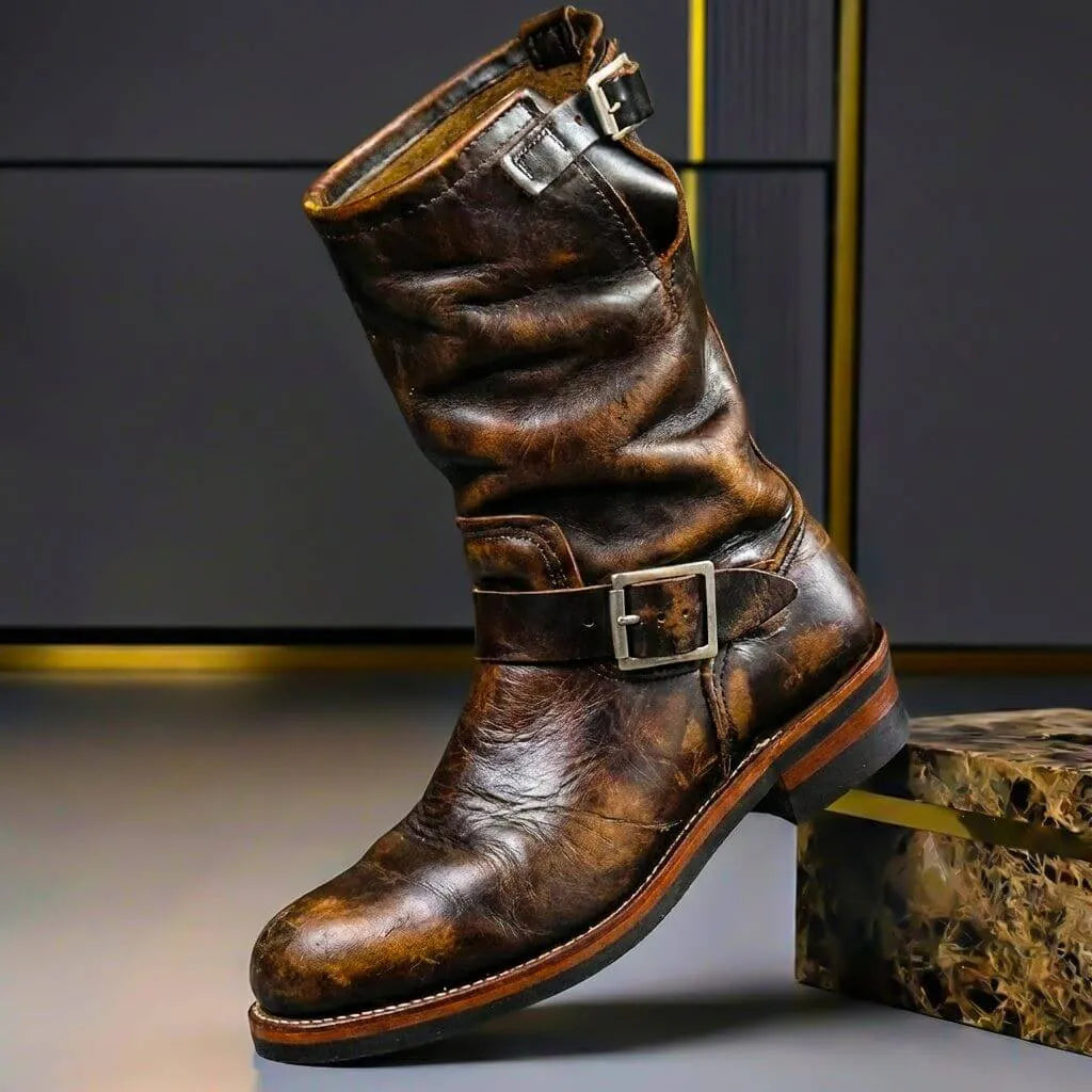 Men's Genuine Leather Mid-Calf Buckle Engineer Boots