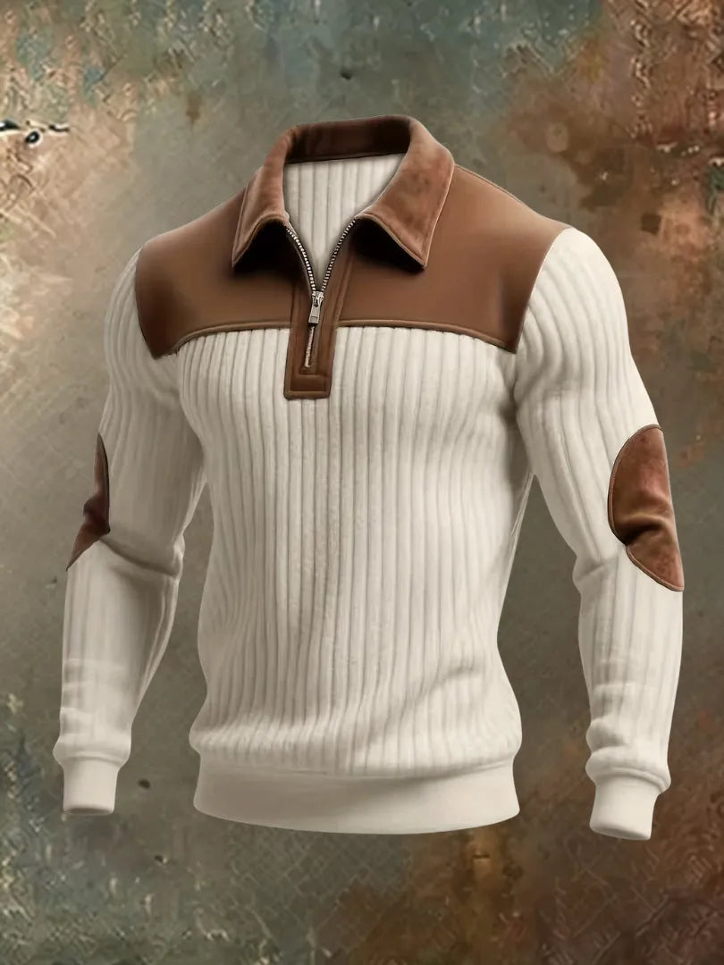 Men's Half-Zip Ribbed Knit Sweater with Suede Accents