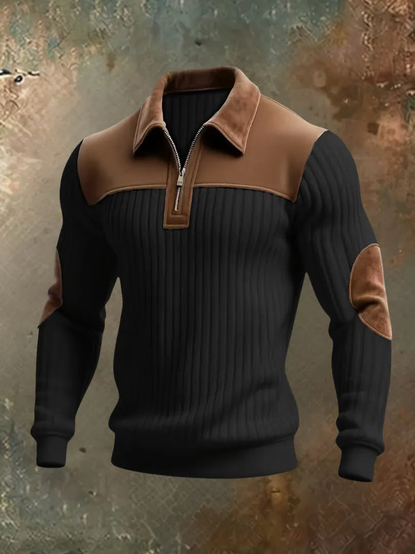 Men's Half-Zip Ribbed Knit Sweater with Suede Accents