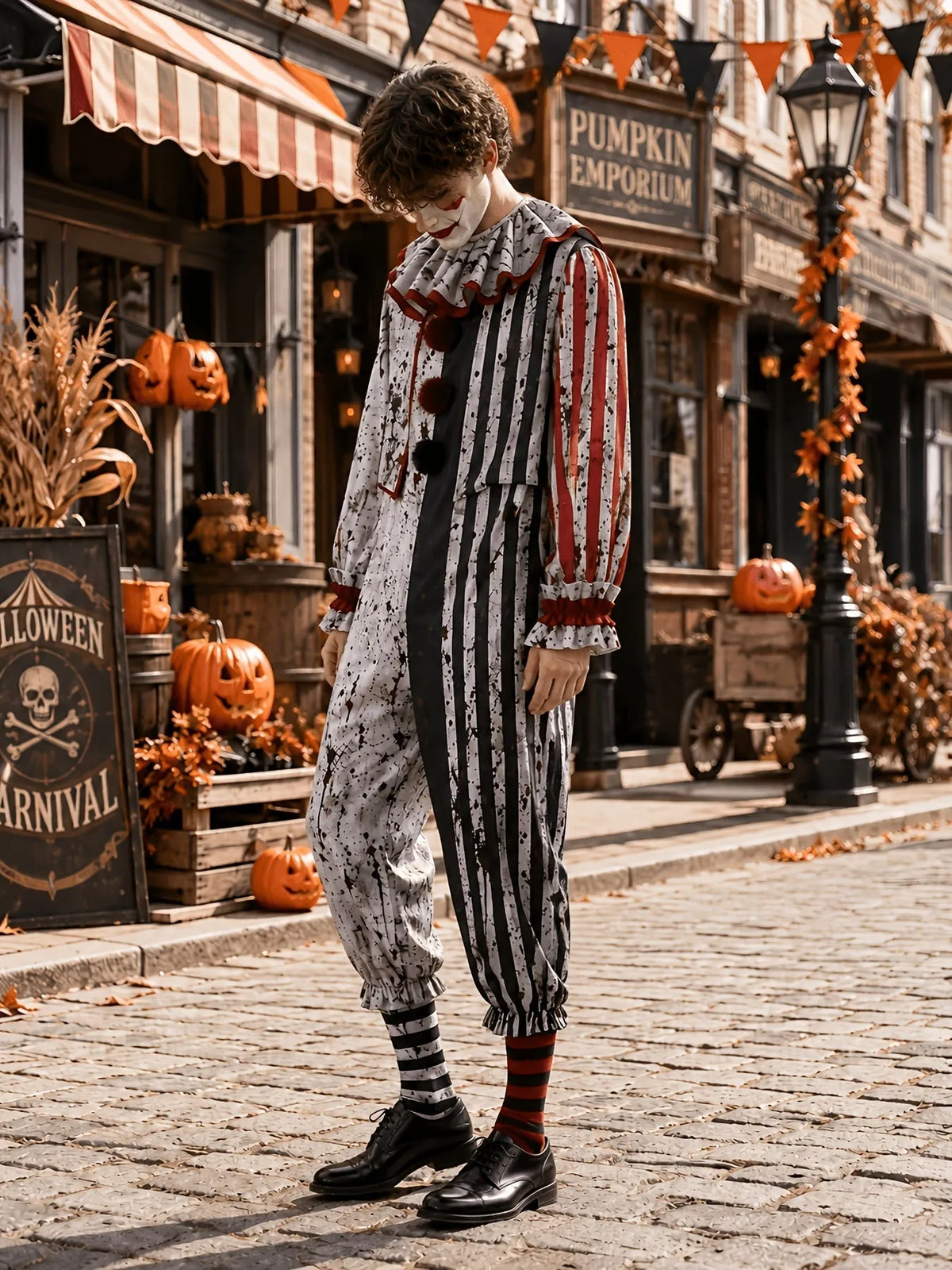 Men's Horror Clown Jumpsuit Costume with Ruffled Collar
