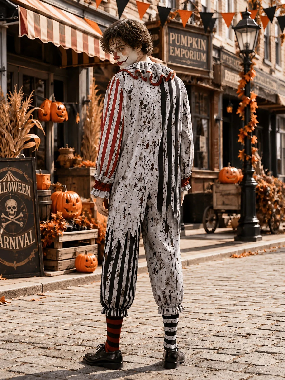 Men's Horror Clown Jumpsuit Costume with Ruffled Collar