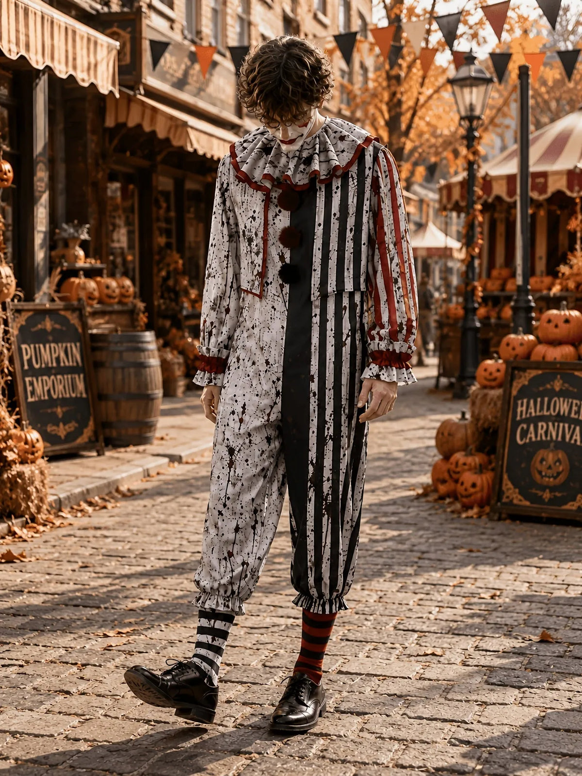 Men's Horror Clown Jumpsuit Costume with Ruffled Collar