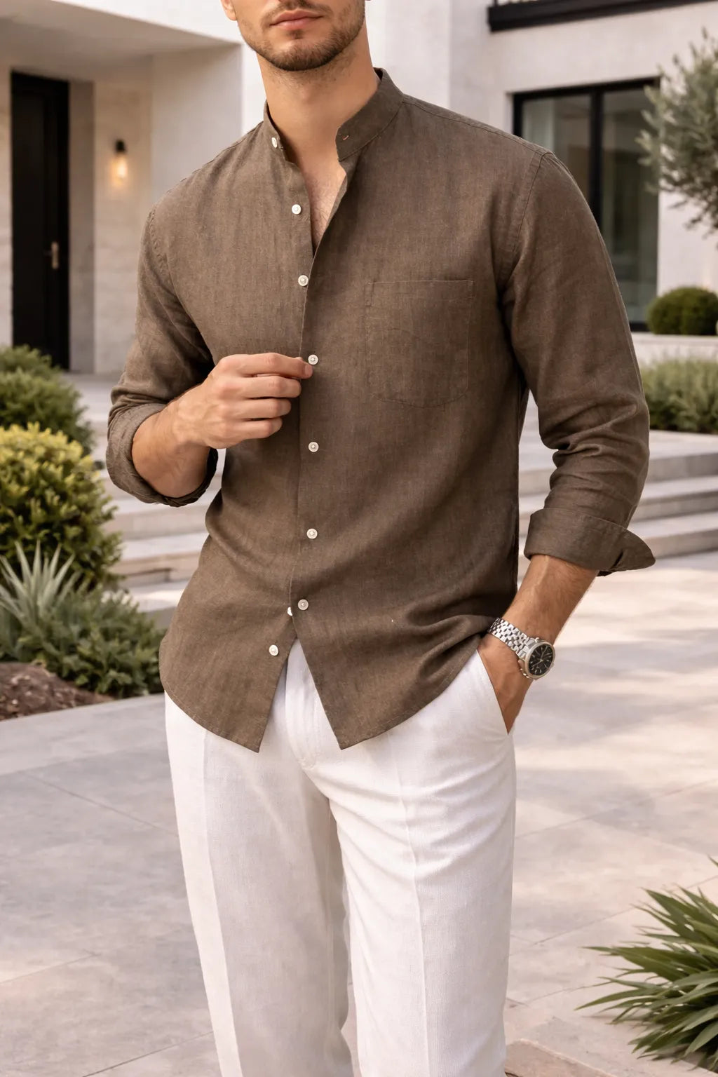Men's Linen Blend Casual Shirt with Stand Collar
