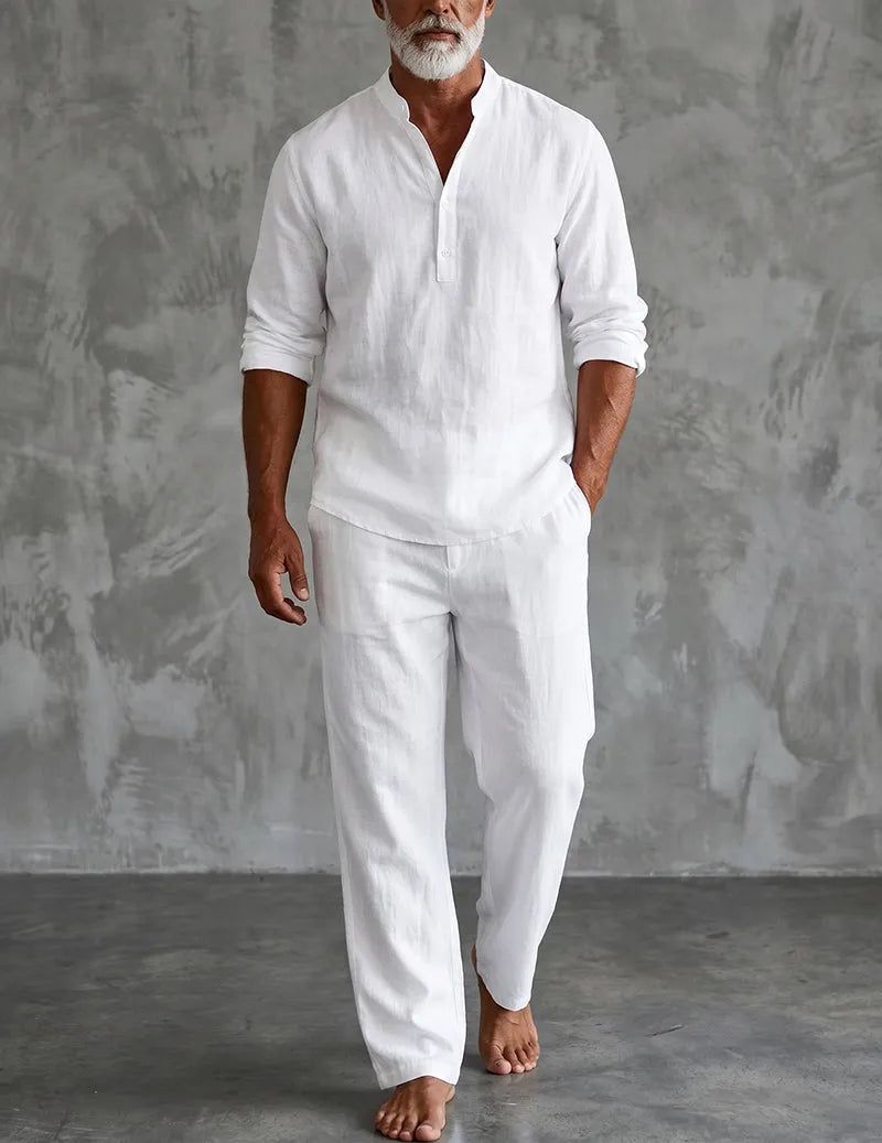 Men's Linen Henley Shirt and Loose Pants Two-Piece Set