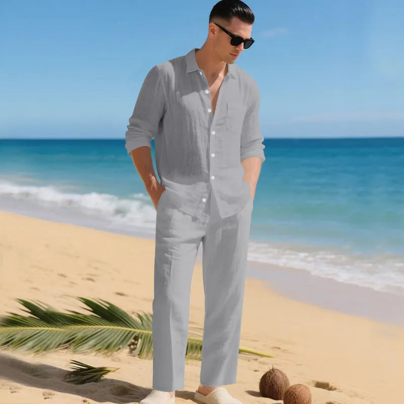 Men's Linen Shirt and Trousers Two-Piece Summer Set