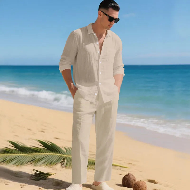 Men's Linen Shirt and Trousers Two-Piece Summer Set