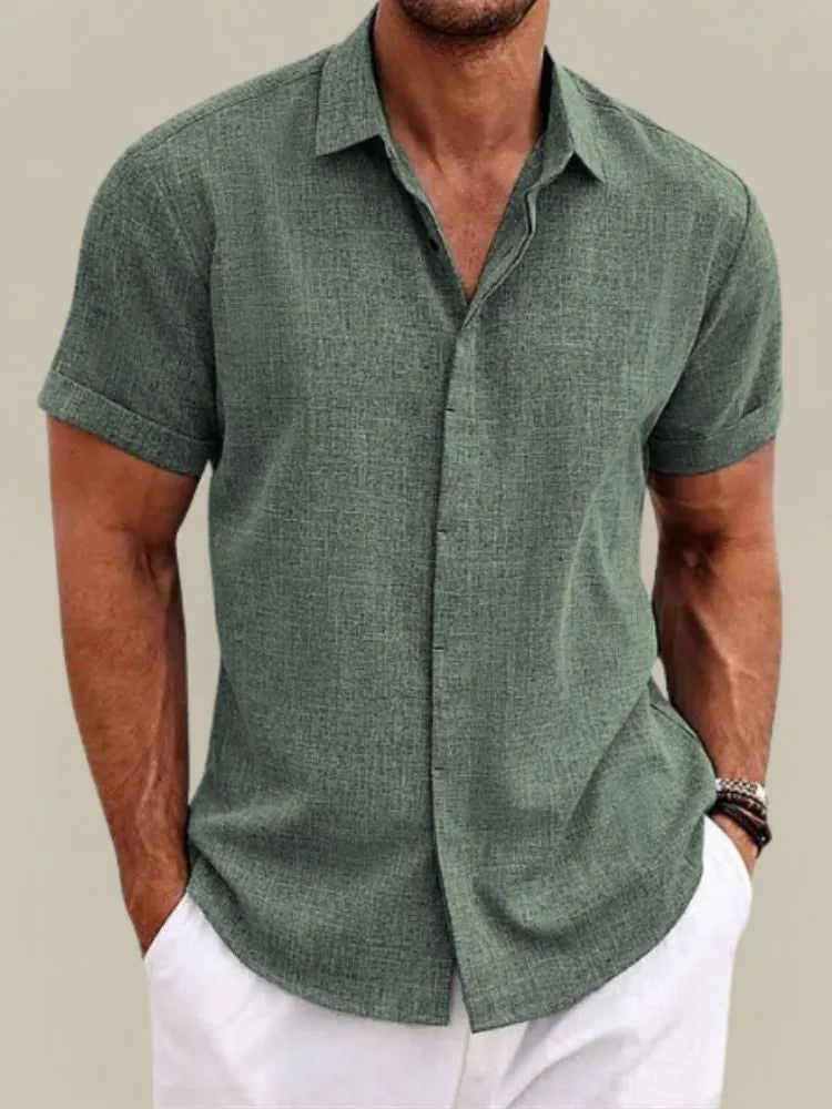 Men's Linen Short Sleeve Button-Down Shirt for Summer