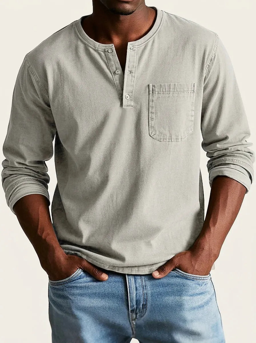 Men's Long Sleeve Henley Shirt with Chest Pocket