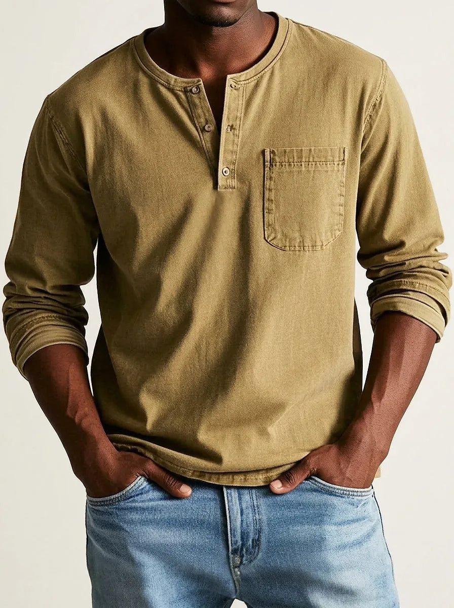 Men's Long Sleeve Henley Shirt with Chest Pocket