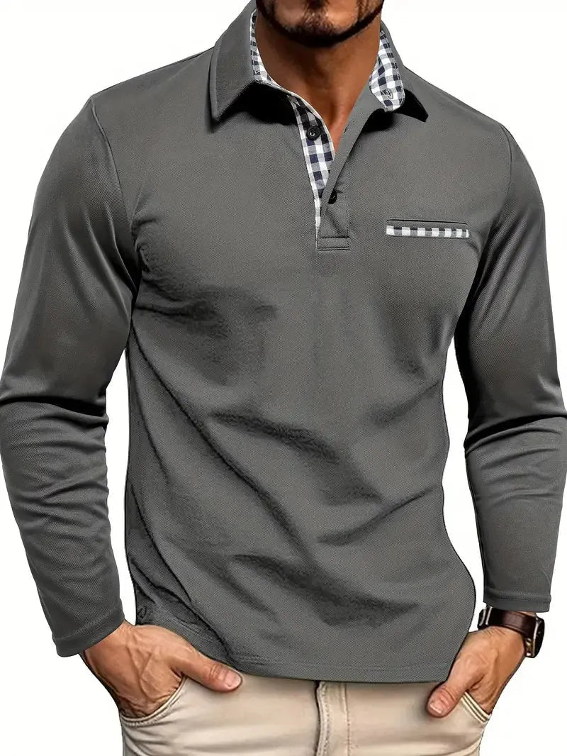 Men's Long-Sleeve Polo Shirt with Check Contrast Trim