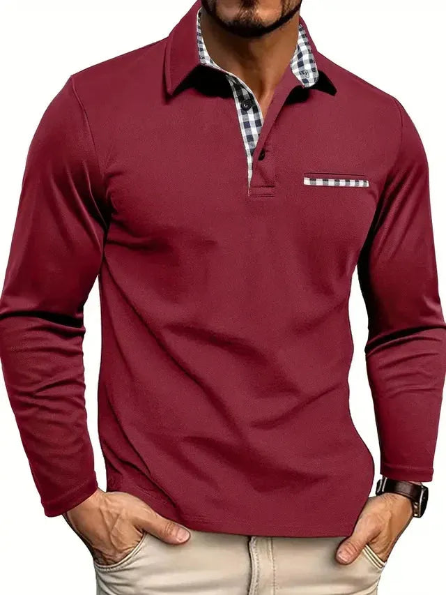 Men's Long Sleeve Polo Shirt with Contrast Collar