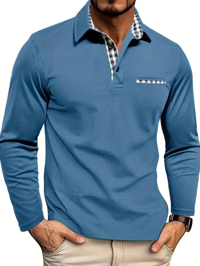 Men's Long Sleeve Polo Shirt with Contrast Collar