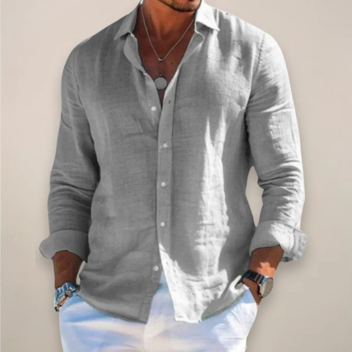 Men's Loose Fit Button Front Long Sleeve Linen Shirt
