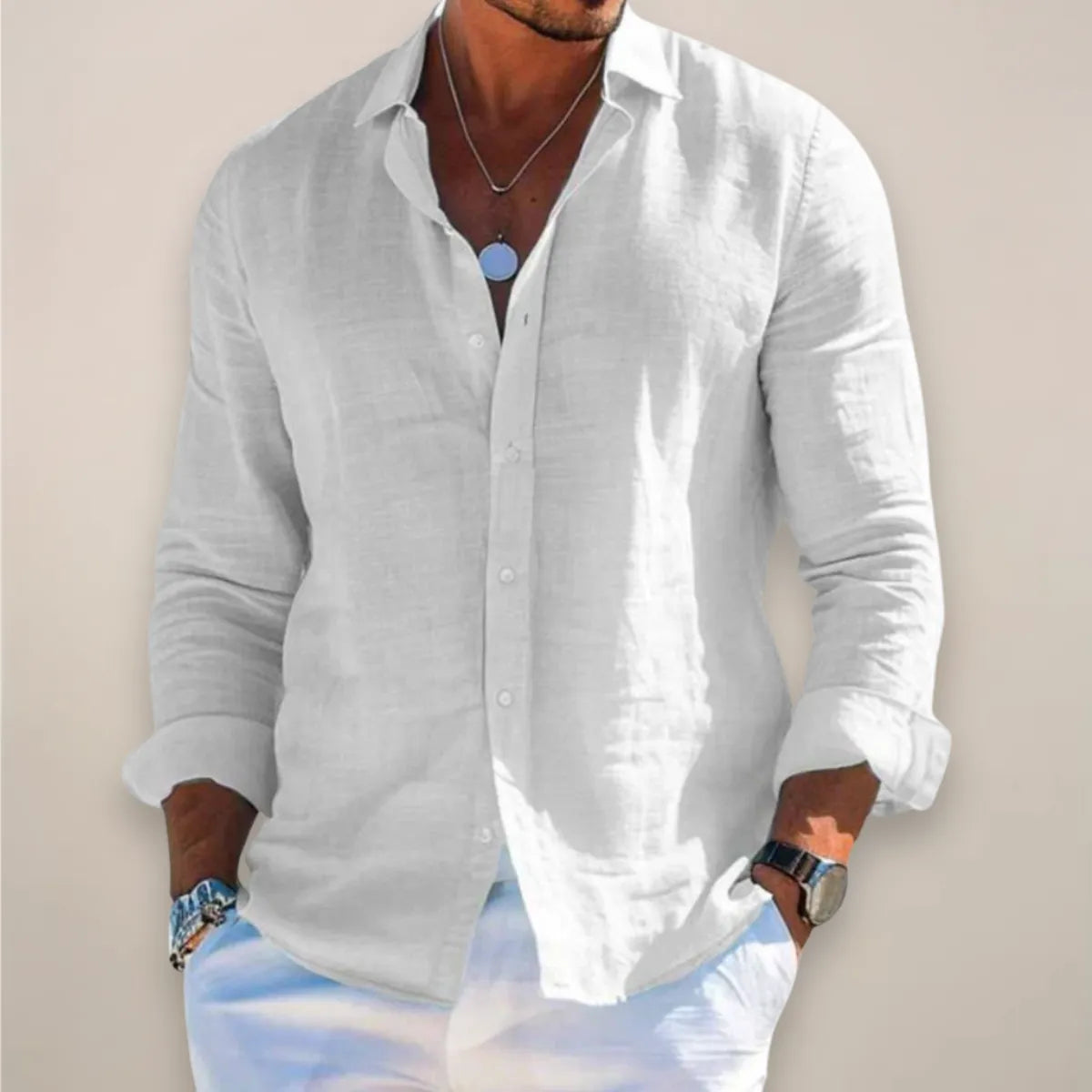 Men's Loose Fit Button Front Long Sleeve Linen Shirt