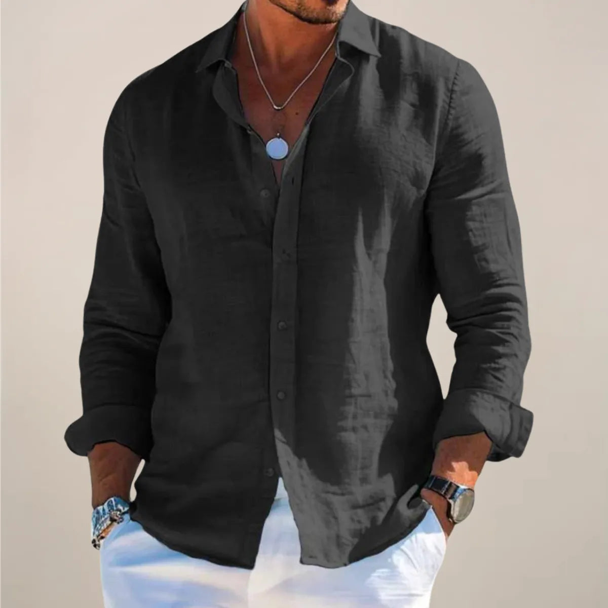 Men's Loose Fit Button Front Long Sleeve Linen Shirt