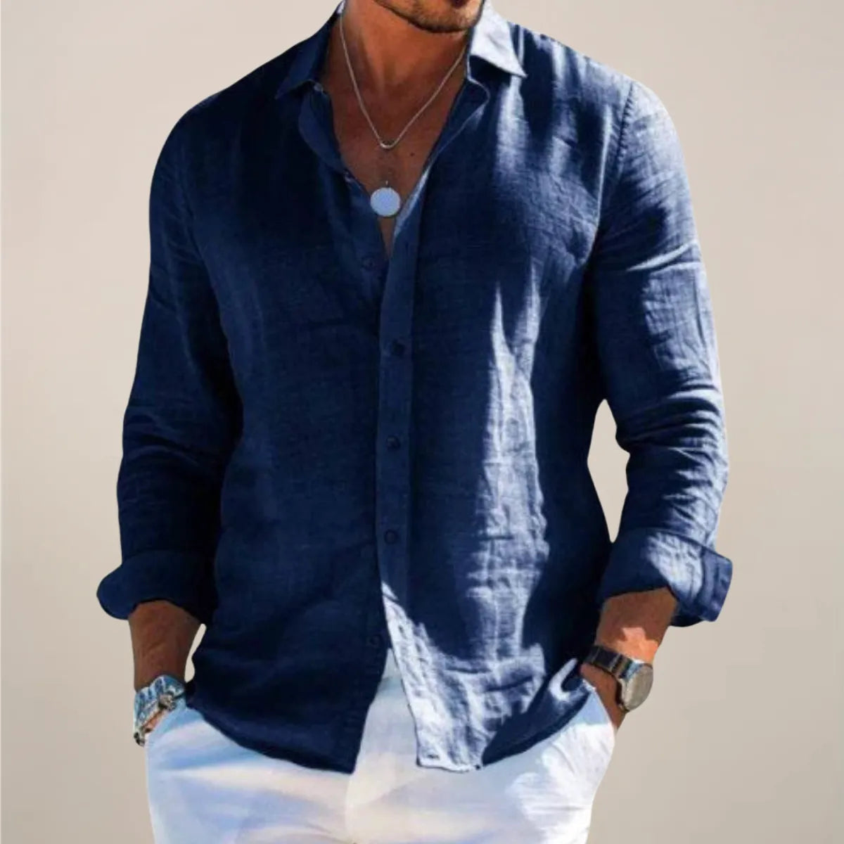 Men's Loose Fit Button Front Long Sleeve Linen Shirt