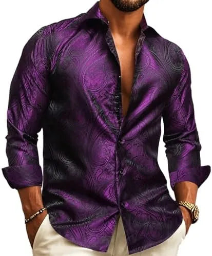Men's Paisley Jacquard Long-Sleeve Shirt for Weddings and Evenings