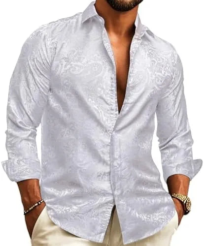 Men's Paisley Jacquard Long-Sleeve Shirt for Weddings and Evenings