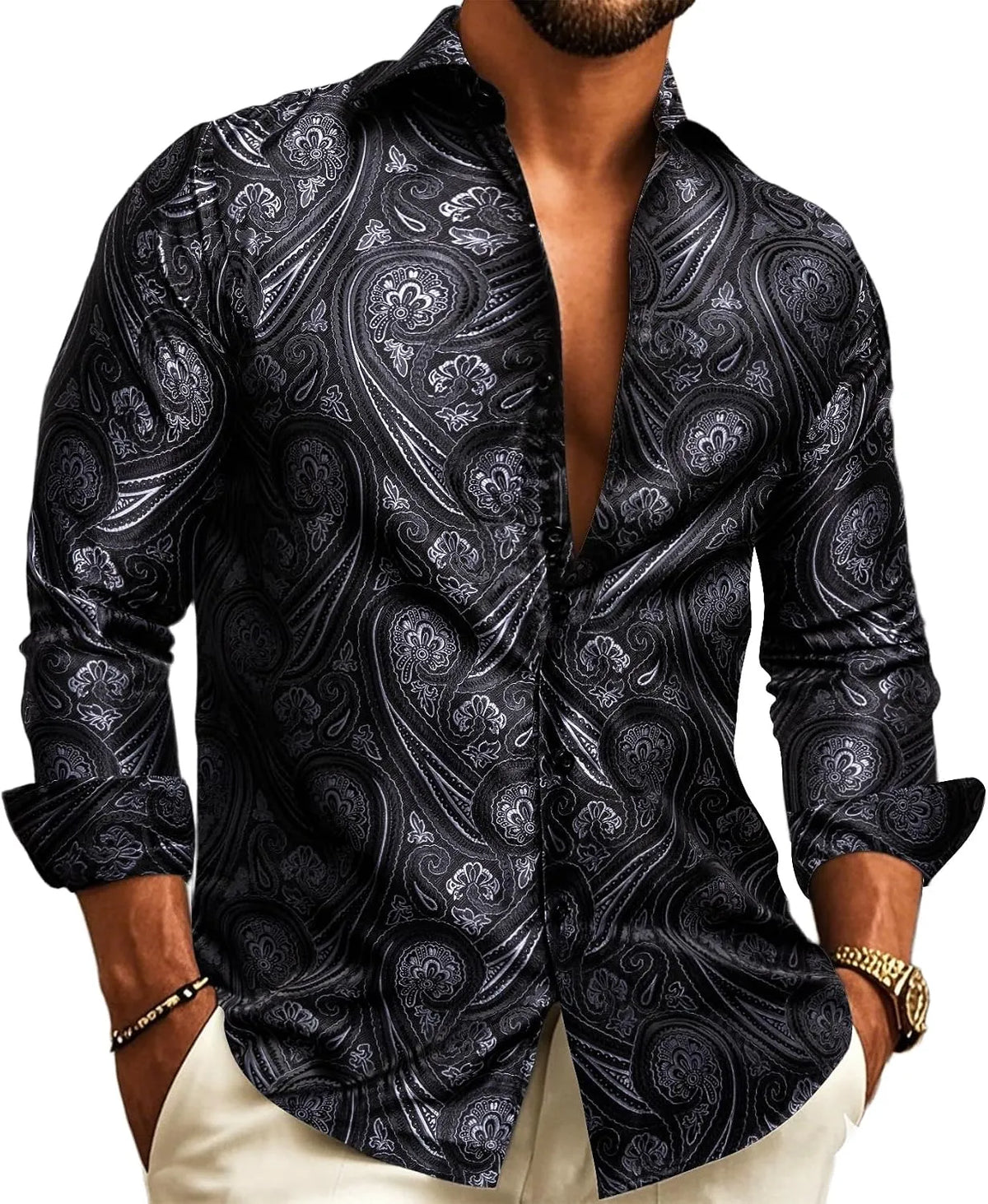 Men's Paisley Jacquard Long-Sleeve Shirt for Weddings and Evenings