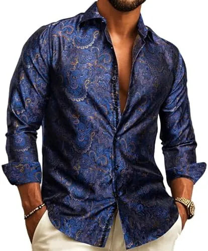 Men's Paisley Jacquard Long-Sleeve Shirt for Weddings and Evenings
