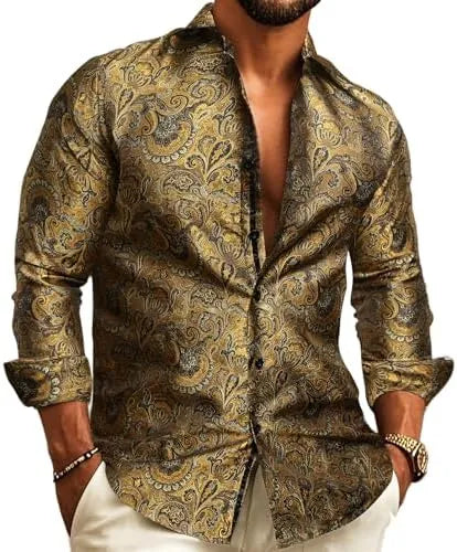 Men's Paisley Jacquard Long-Sleeve Shirt for Weddings and Evenings