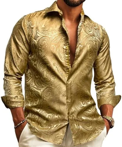 Men's Paisley Jacquard Long-Sleeve Shirt for Weddings and Evenings