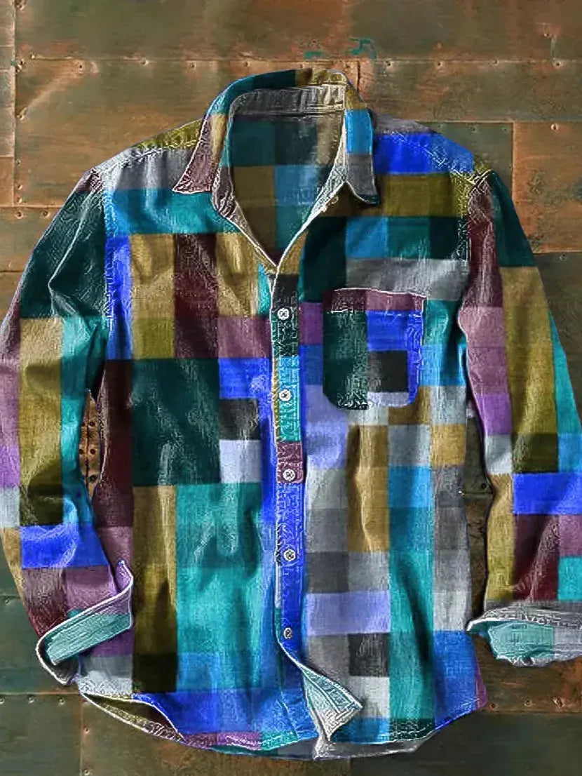 Men's Patterned Long Sleeve Button-Down Shirt with Chest Pocket