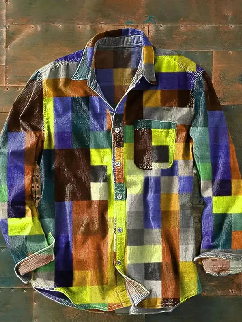 Men's Patterned Long Sleeve Button-Down Shirt with Chest Pocket