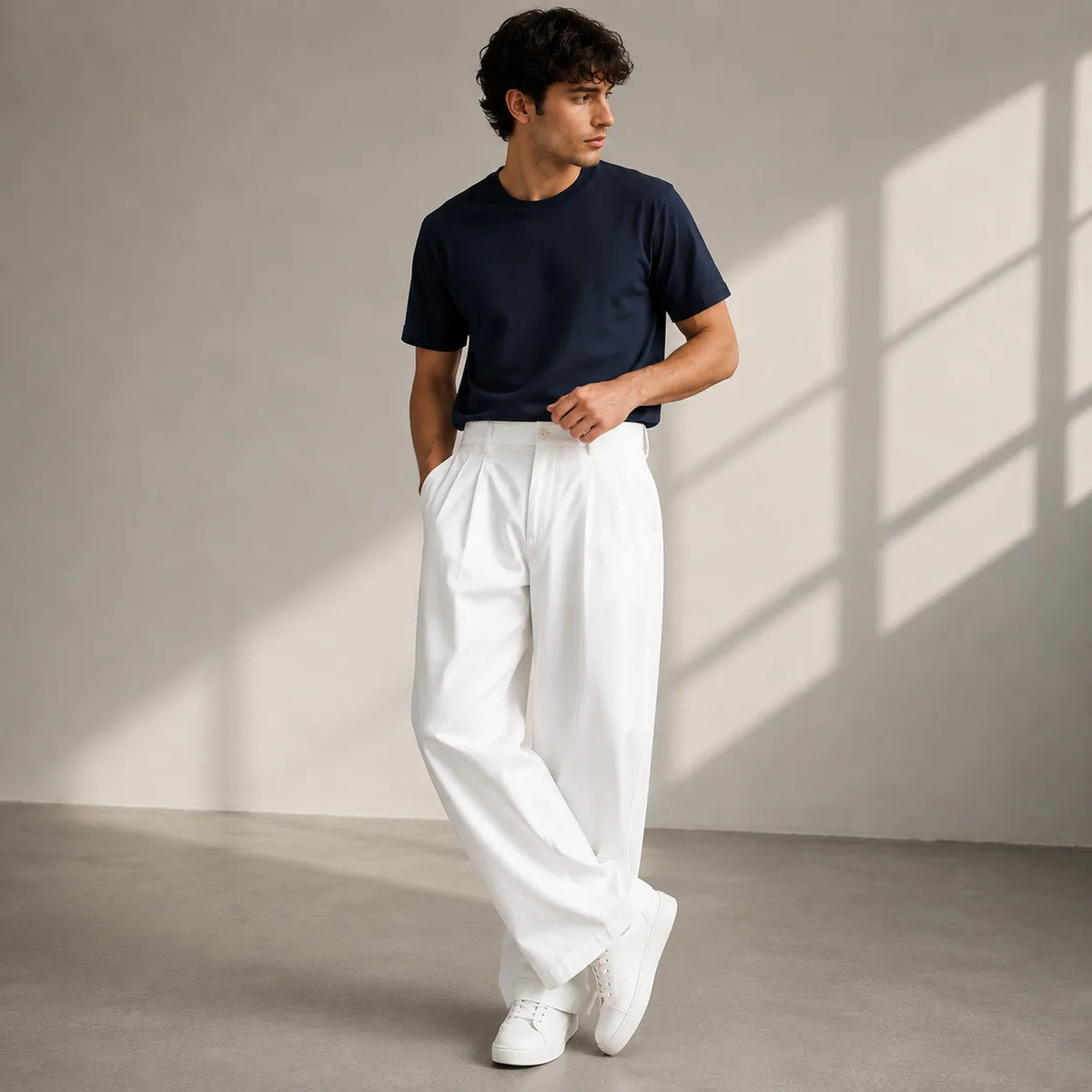 Men's Pleated Wide-Leg Trousers with Structured Waistband