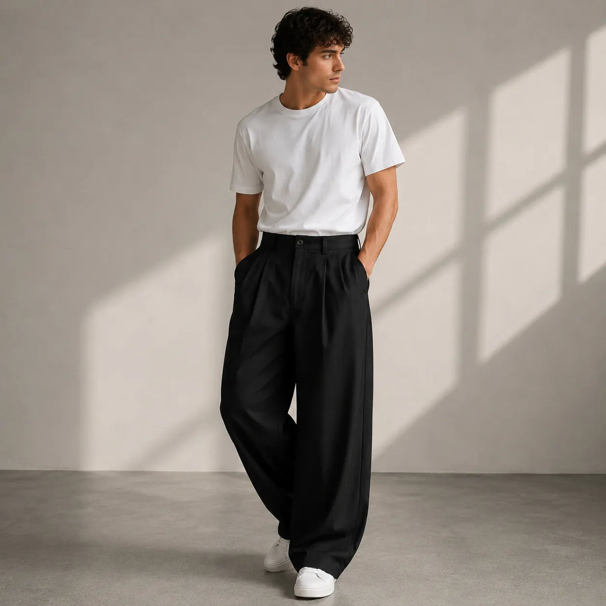 Men's Pleated Wide-Leg Trousers with Structured Waistband