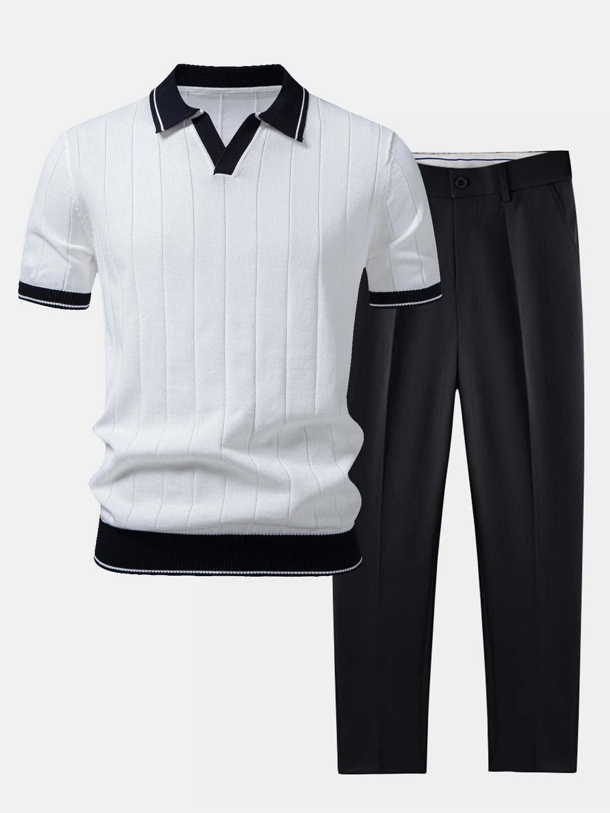 Men's Ribbed Polo Shirt and Tapered Trousers Casual Set