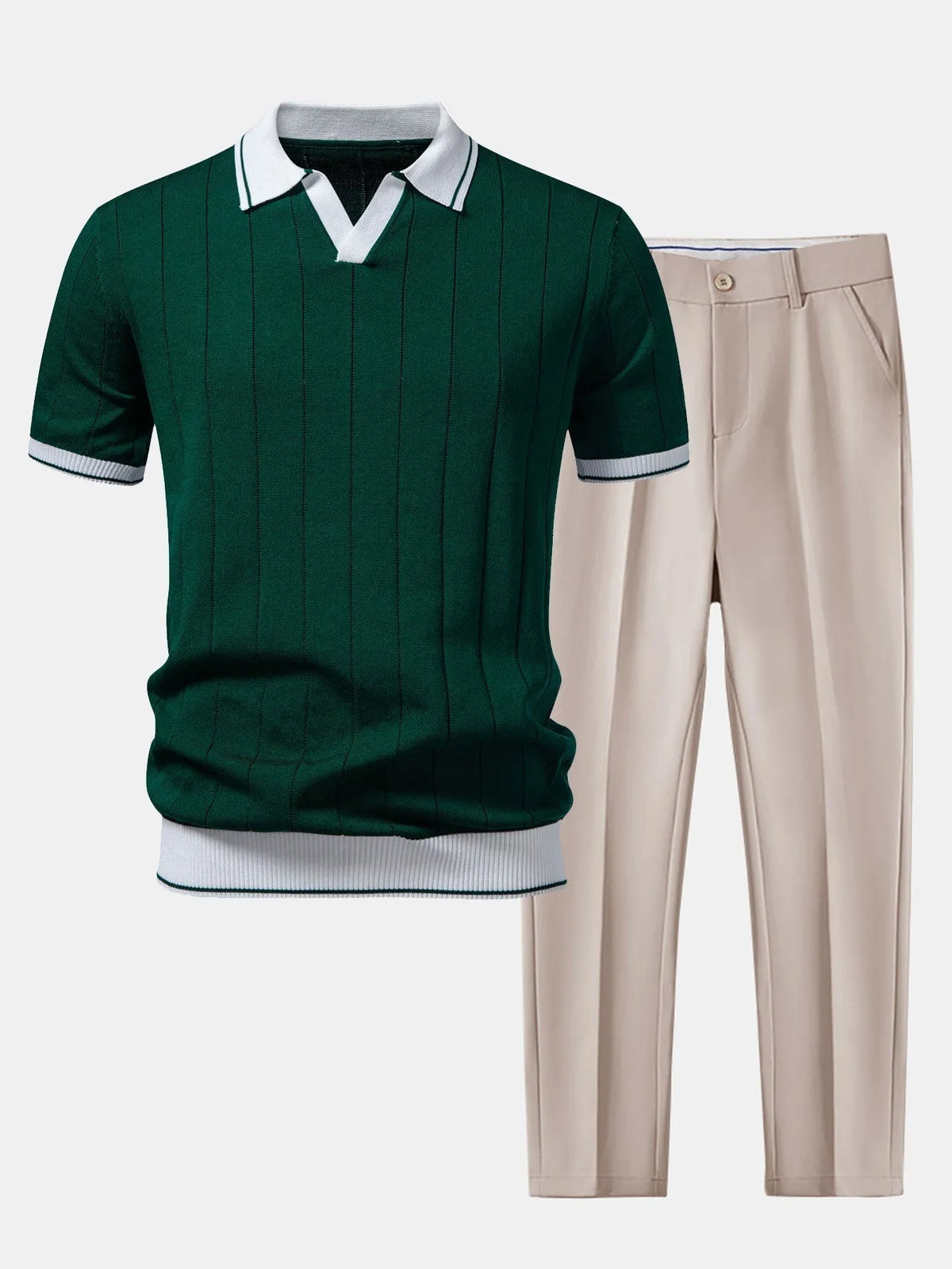 Men's Ribbed Polo Shirt and Tapered Trousers Casual Set