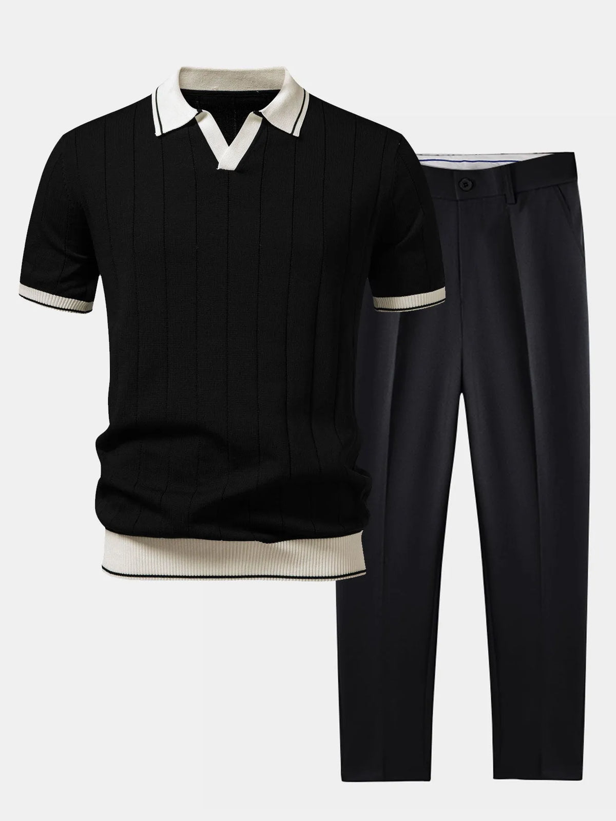Men's Ribbed Polo Shirt and Tapered Trousers Casual Set