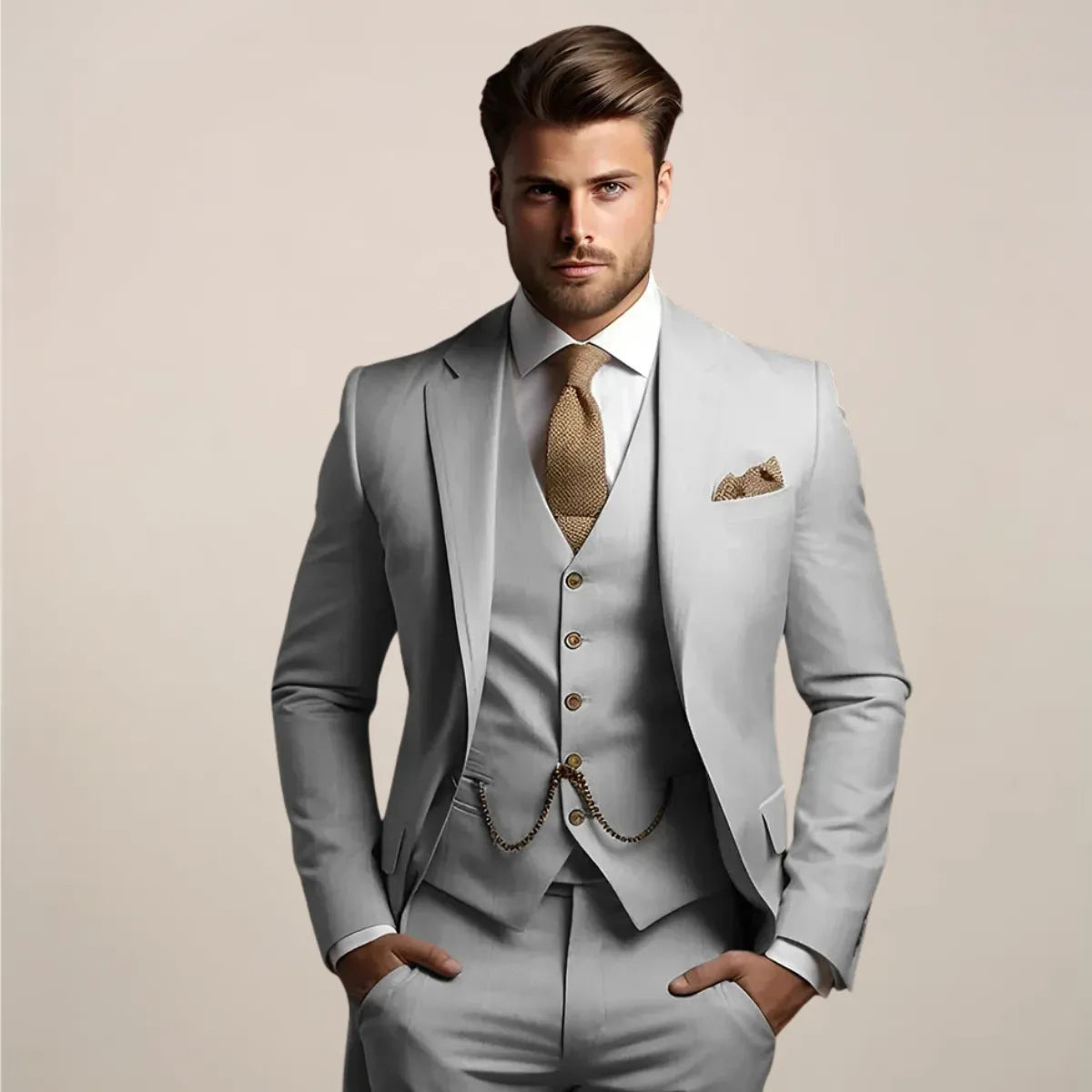 Men's Slim Fit Breathable Three-Piece Wedding Suit with Tailored Vest