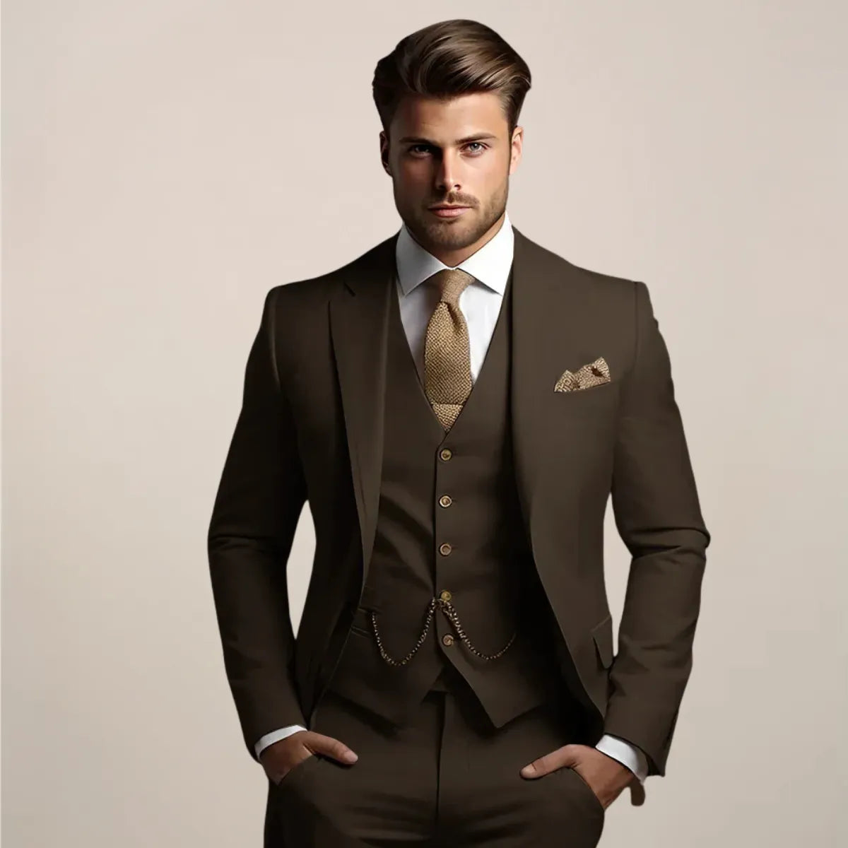 Men's Slim Fit Breathable Three-Piece Wedding Suit with Tailored Vest