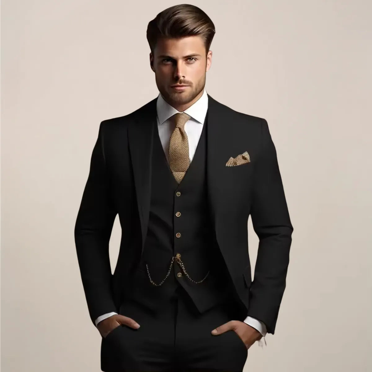 Men's Slim Fit Breathable Three-Piece Wedding Suit with Tailored Vest