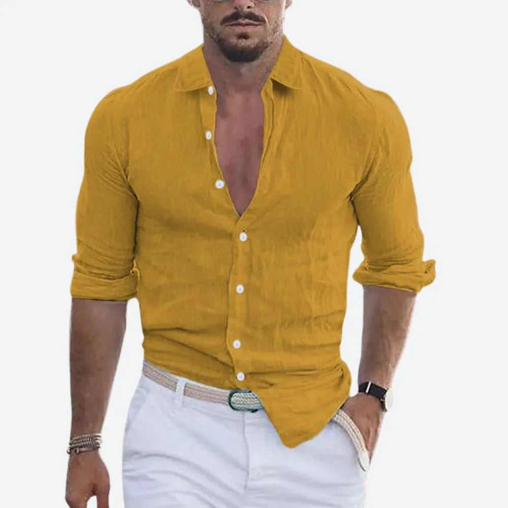 Men's Slim-Fit Linen Button-Down Shirt with Open Collar