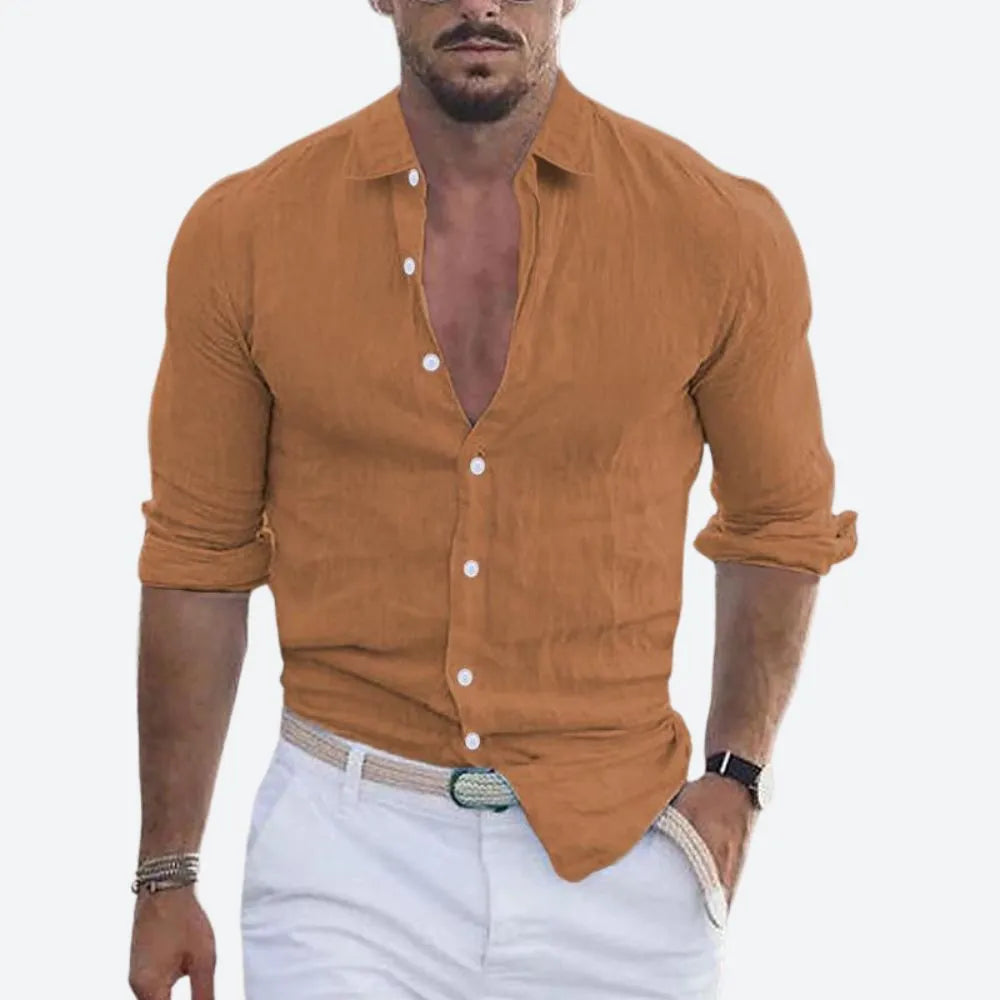 Men's Slim-Fit Linen Button-Down Shirt with Open Collar
