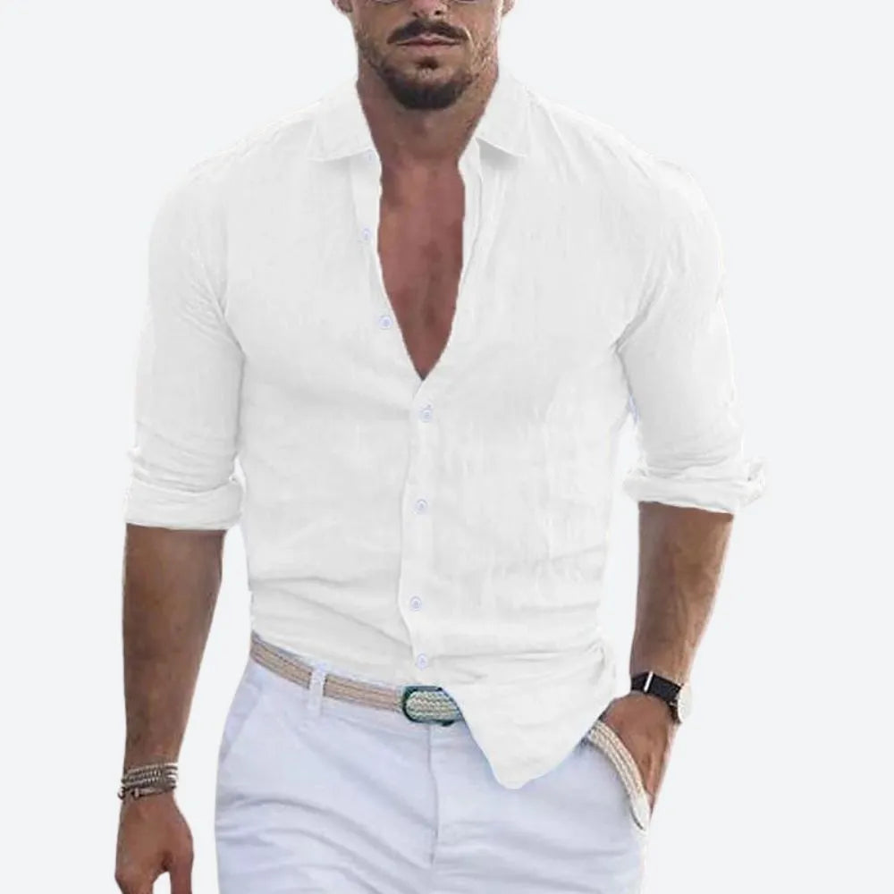 Men's Slim-Fit Linen Button-Down Shirt with Open Collar