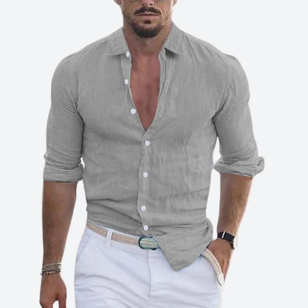 Men's Slim-Fit Linen Button-Down Shirt with Open Collar