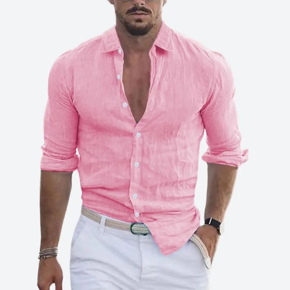 Men's Slim-Fit Linen Button-Down Shirt with Open Collar