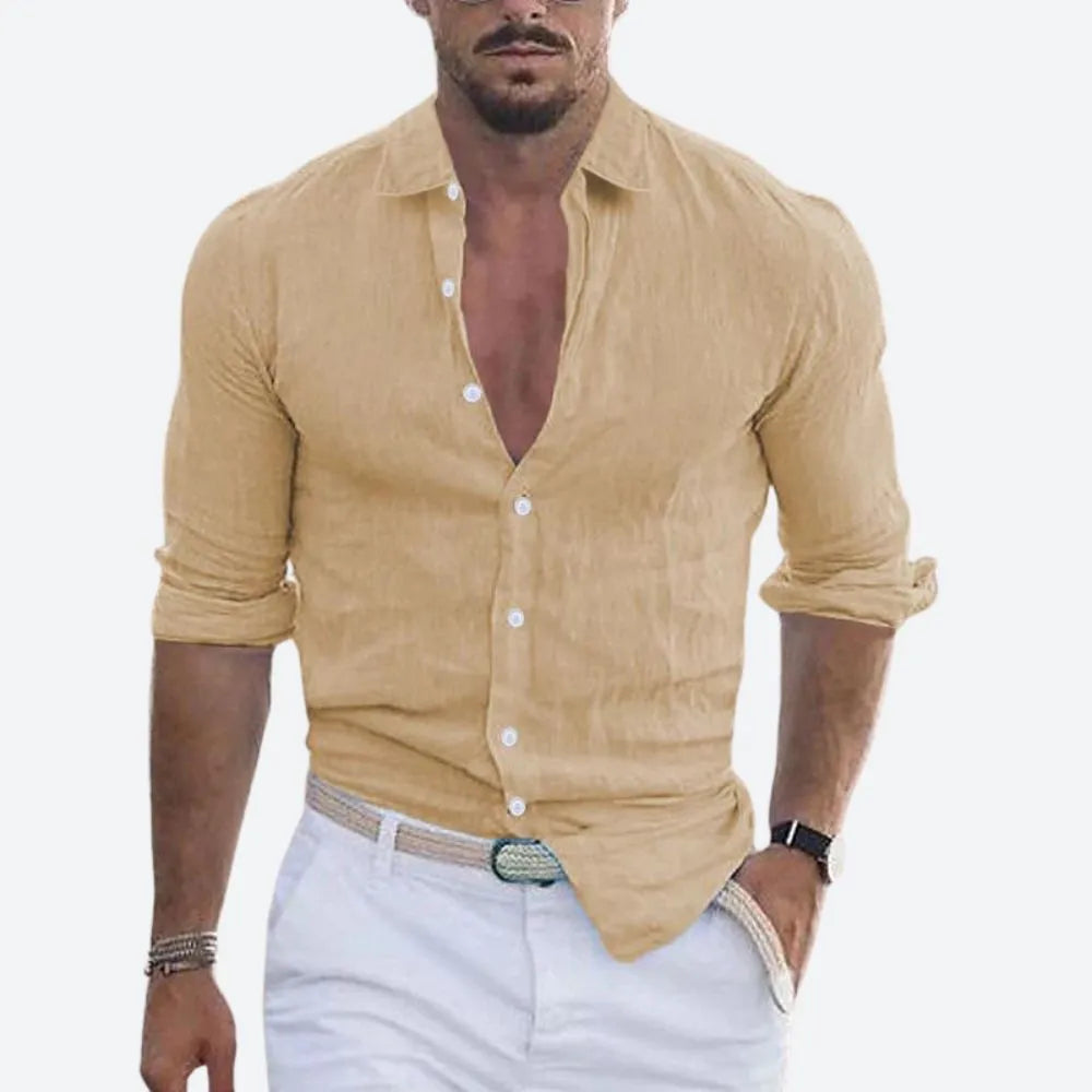 Men's Slim-Fit Linen Button-Down Shirt with Open Collar
