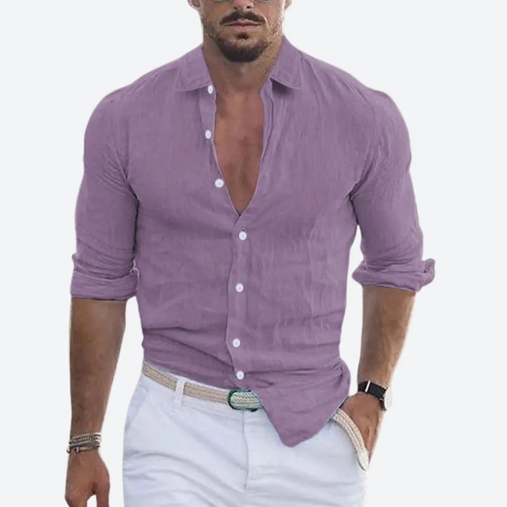 Men's Slim-Fit Linen Button-Down Shirt with Open Collar