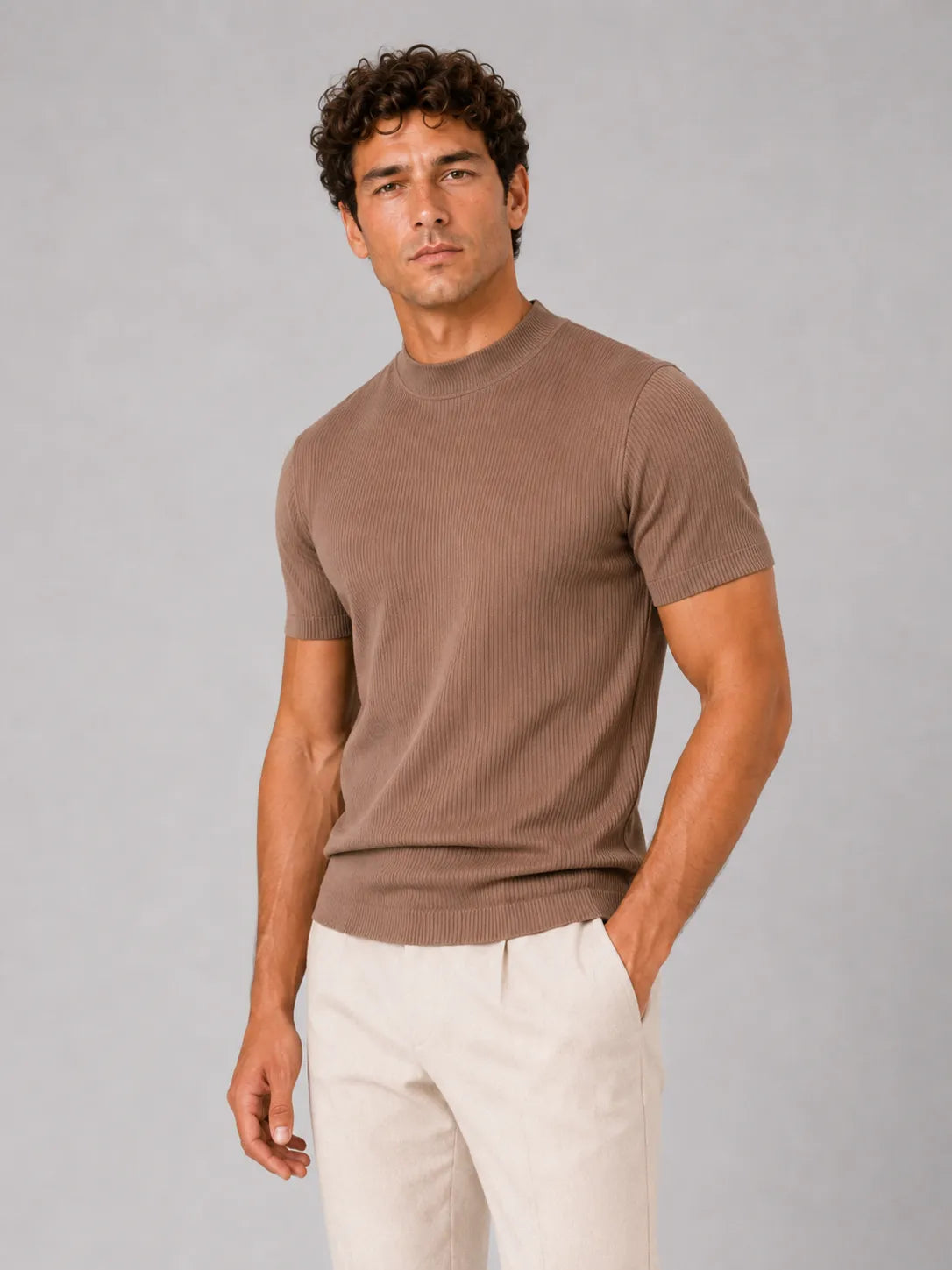 Men's Slim Fit Ribbed Mock Neck T-Shirt