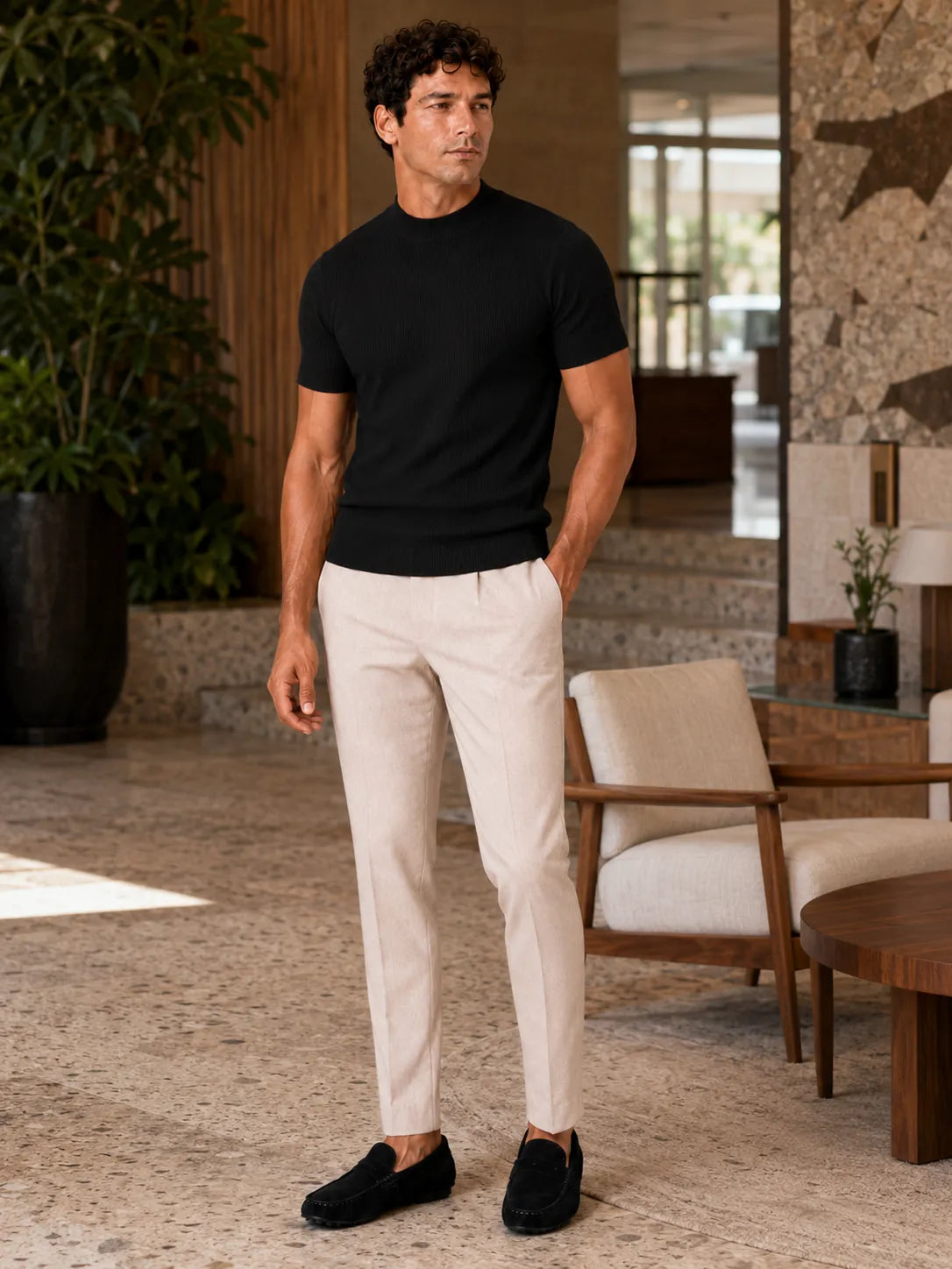 Men's Slim Fit Ribbed Mock Neck T-Shirt