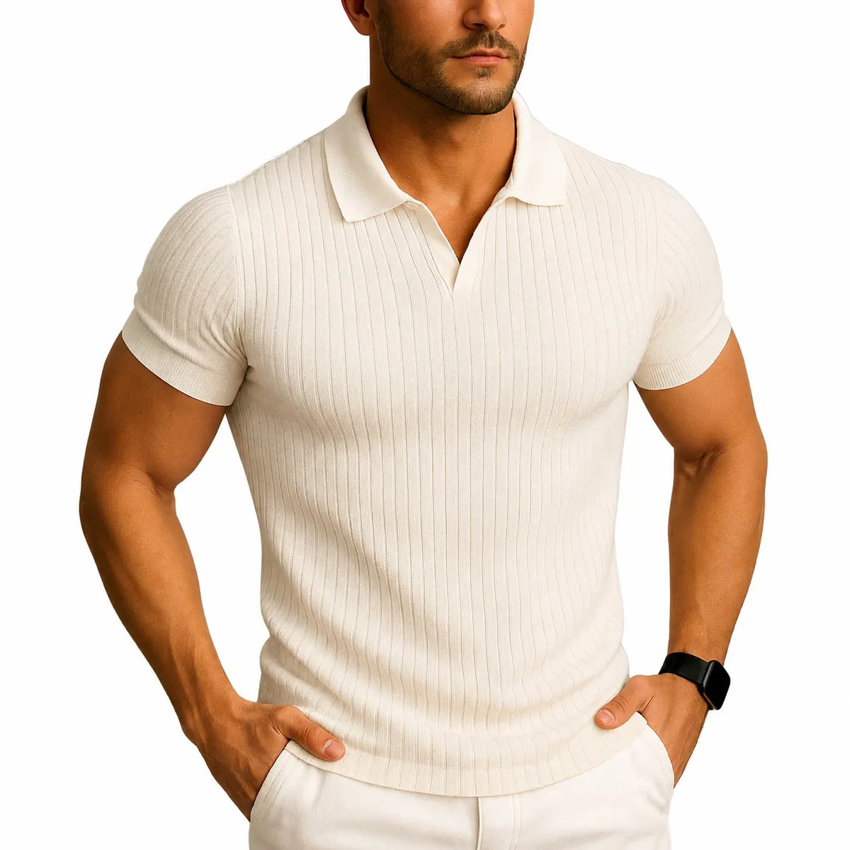 Men's Slim Fit V-Neck Polo Shirt with Ribbed Trim