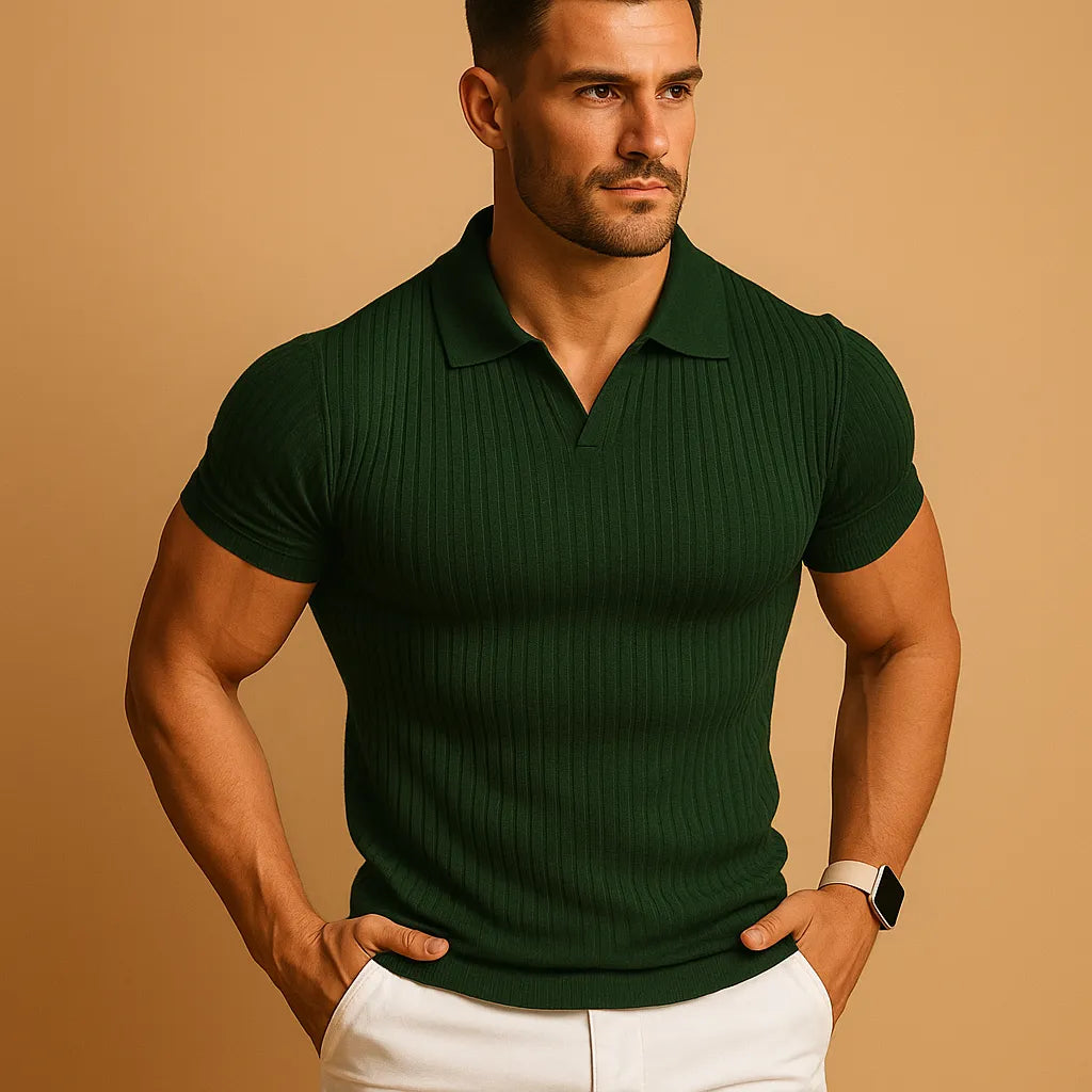 Men's Slim Fit V-Neck Polo Shirt with Ribbed Trim