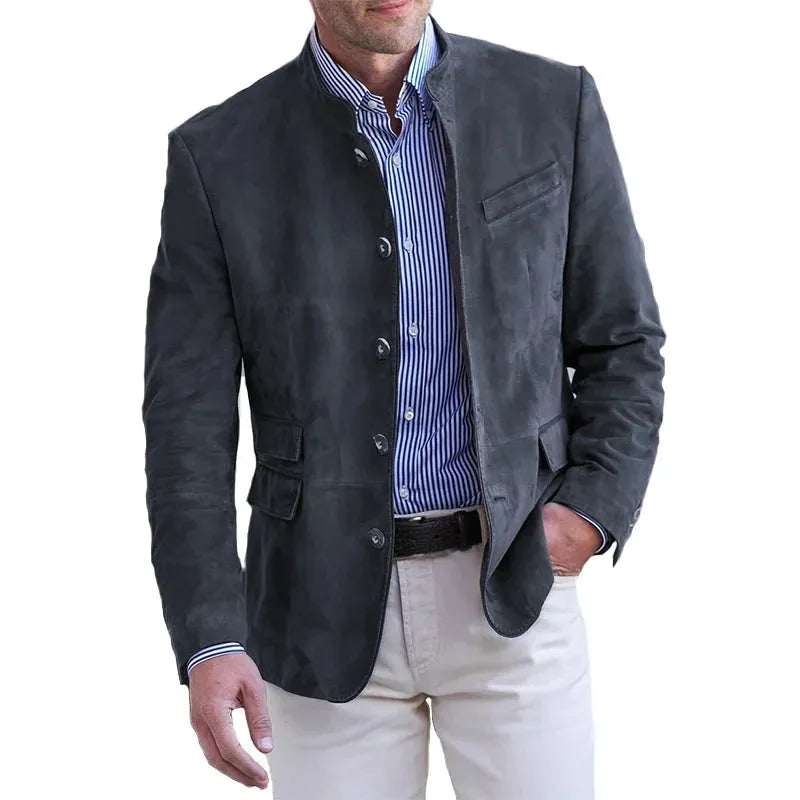 Men's Stand Collar Buttoned Blazer Jacket with Regular Fit
