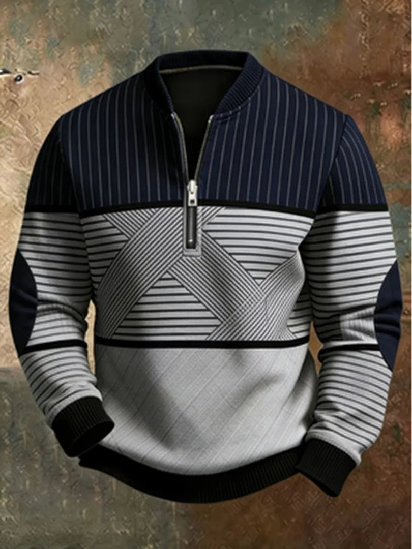 Men's Striped Half-Zip Sweater with Ribbed Trim